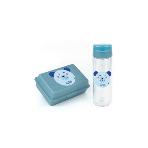 Pack Botella 600ml + Cajita Porta Alimentos Osito Azul personalizadas