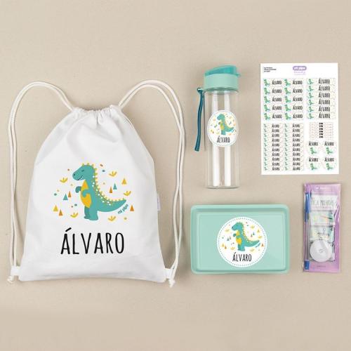 Pack Mi Equipo para el Cole con Petate Dinosaurio personalizado + 1