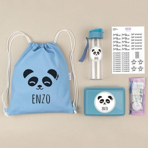 Pack Mi Equipo para el Cole con Petate Panda Azul personalizado + 1