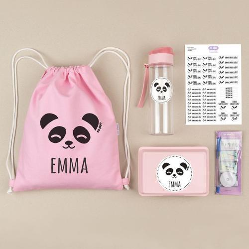 Pack Mi Equipo para el Cole con Petate Panda Rosa personalizado + 1